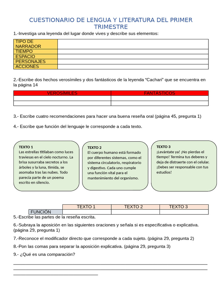 Cuestionario de Lengua y Literatura | PDF
