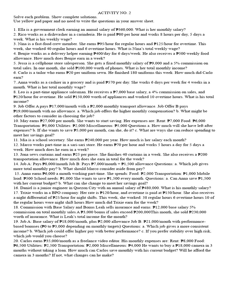 Activity No 2 - Gen Math 25 26 | PDF | Salary | Overtime