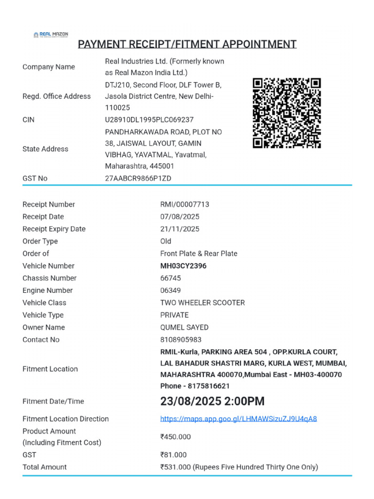 Receipt MH03CY2396 | PDF