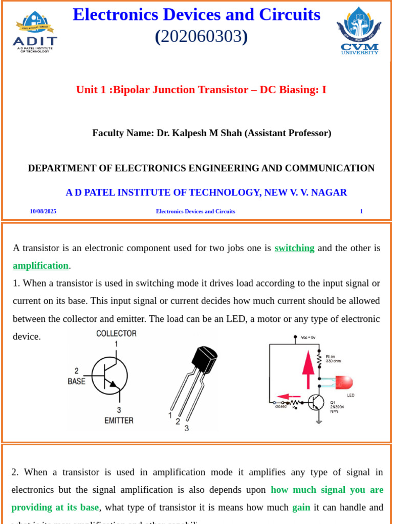 Edc Unit 1 With Assignment 1 DL 10.08.2025 | PDF | Amplifier | Transistor