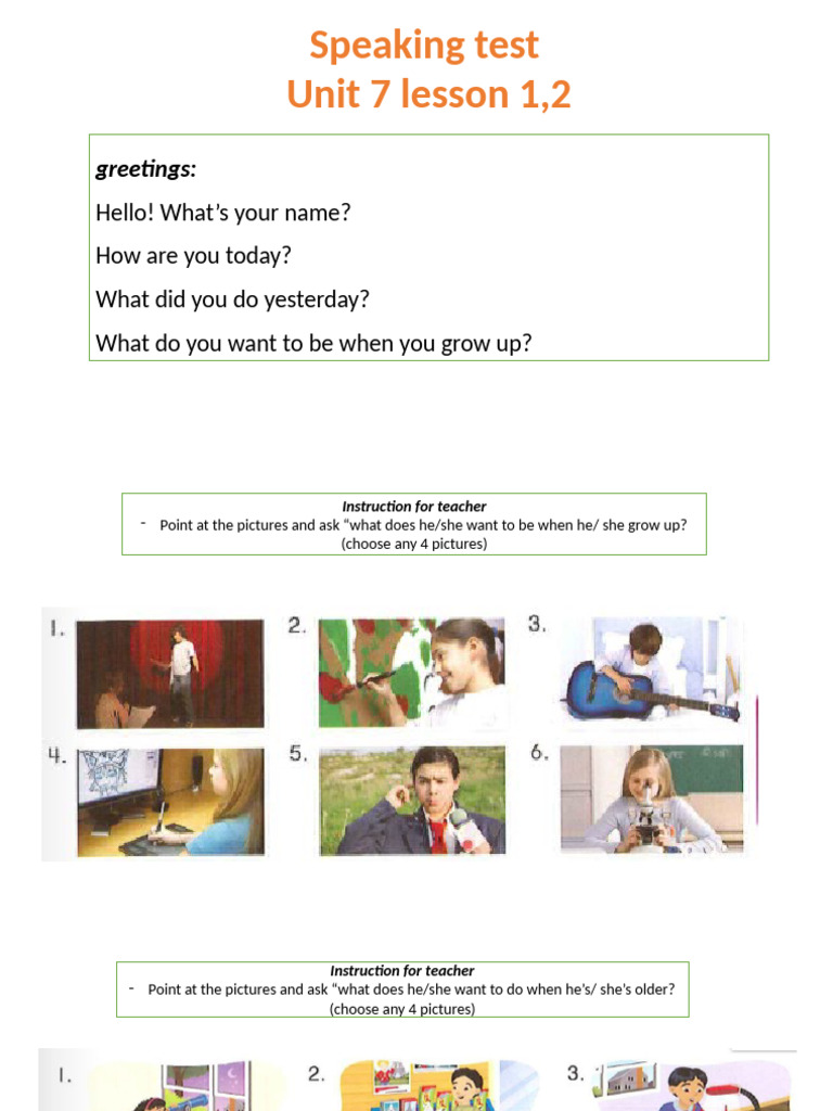 Speaking Test: Unit 7 Lessons 1-2 | PDF