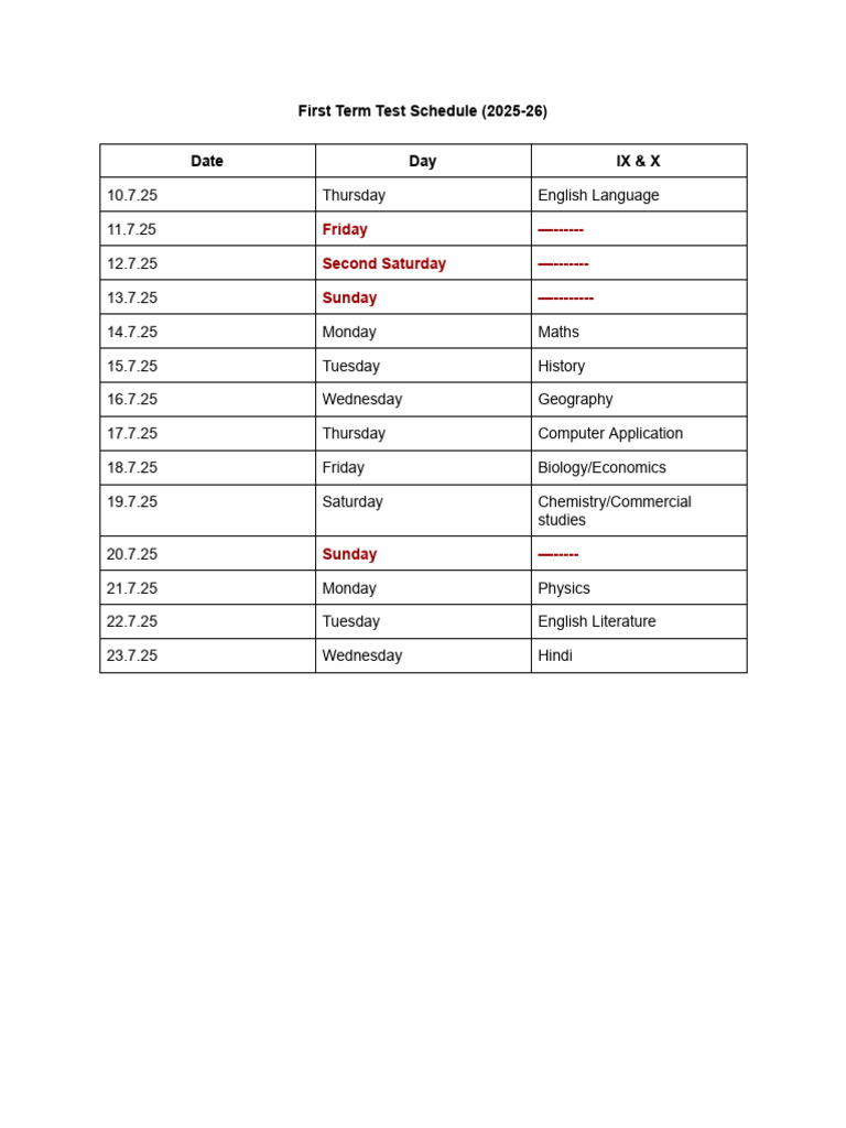 First Term Test Schedule 9th & 10th | PDF