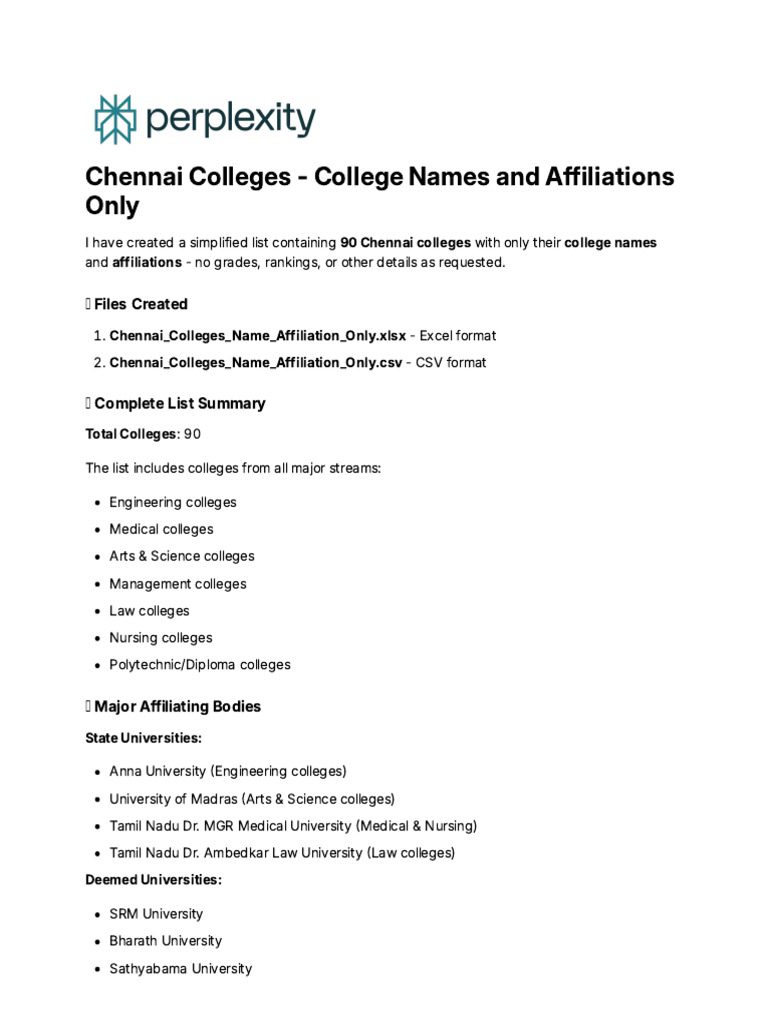 Chennai Colleges: Names & Affiliations List | PDF
