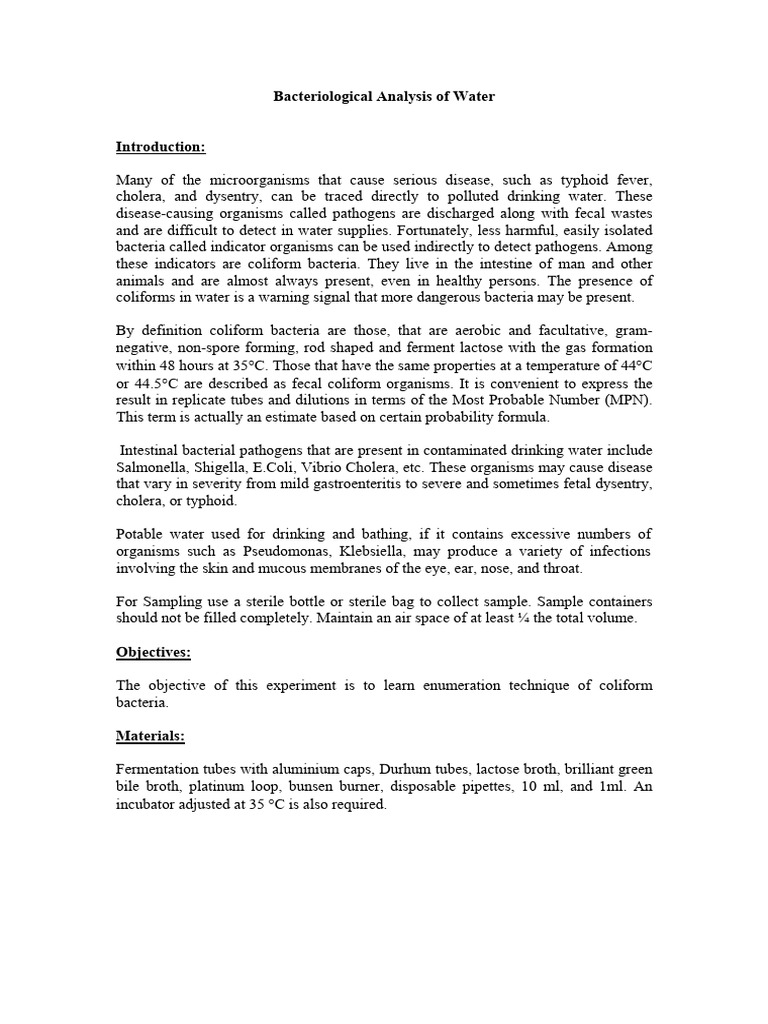 Water Bacteriological Analysis Guide | PDF | Bacteria | Drinking Water