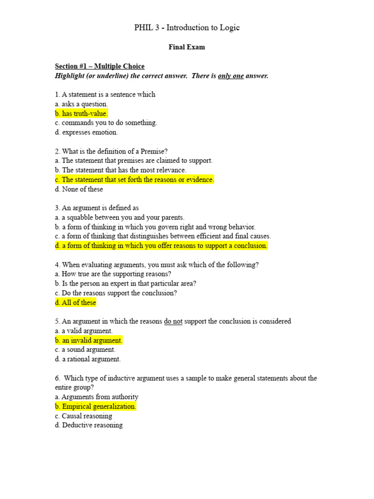 Logic Final Exam: Multiple Choice & Fallacies | PDF | Argument ...