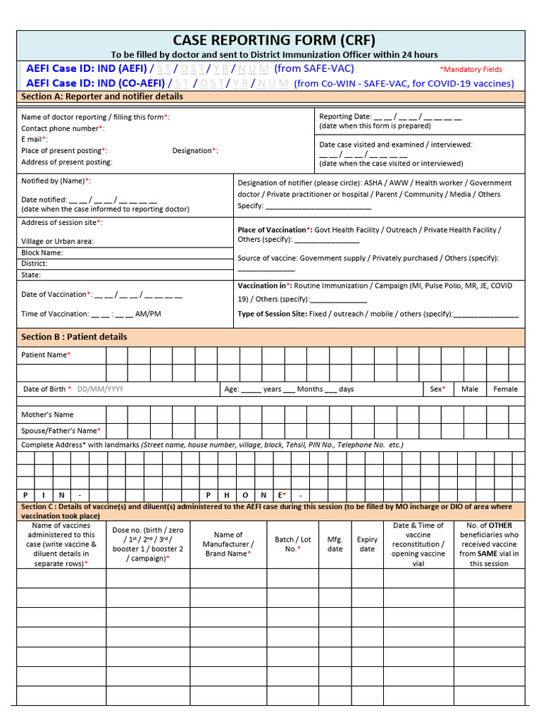 AEFI Case Reporting Form Guidelines | PDF | Medicine | Clinical Medicine