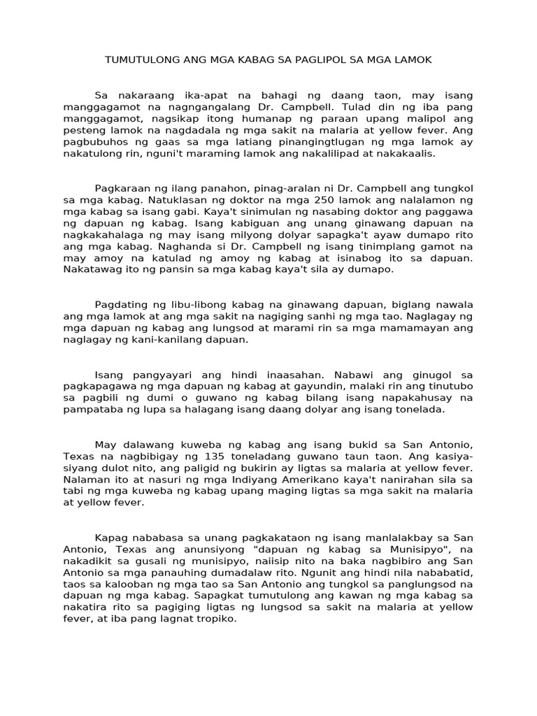 Tumutulong Ang Mga Kabag Sa Paglipol Sa Mga Lamok | PDF