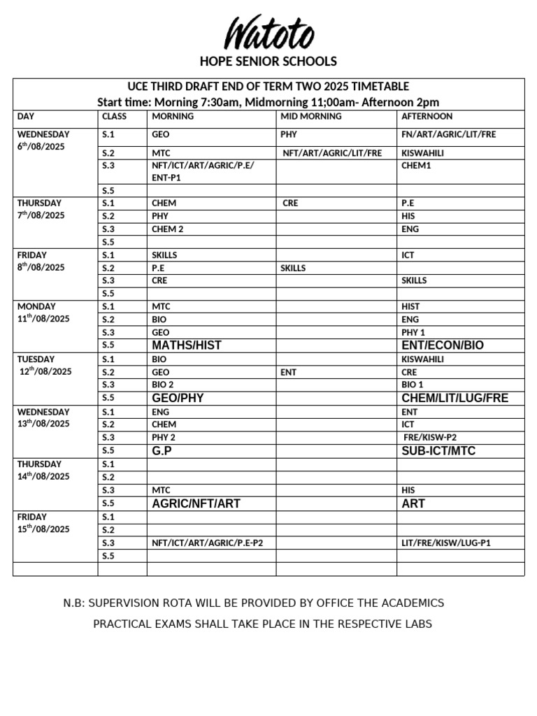 UCE 2025 Term Two Timetable | PDF