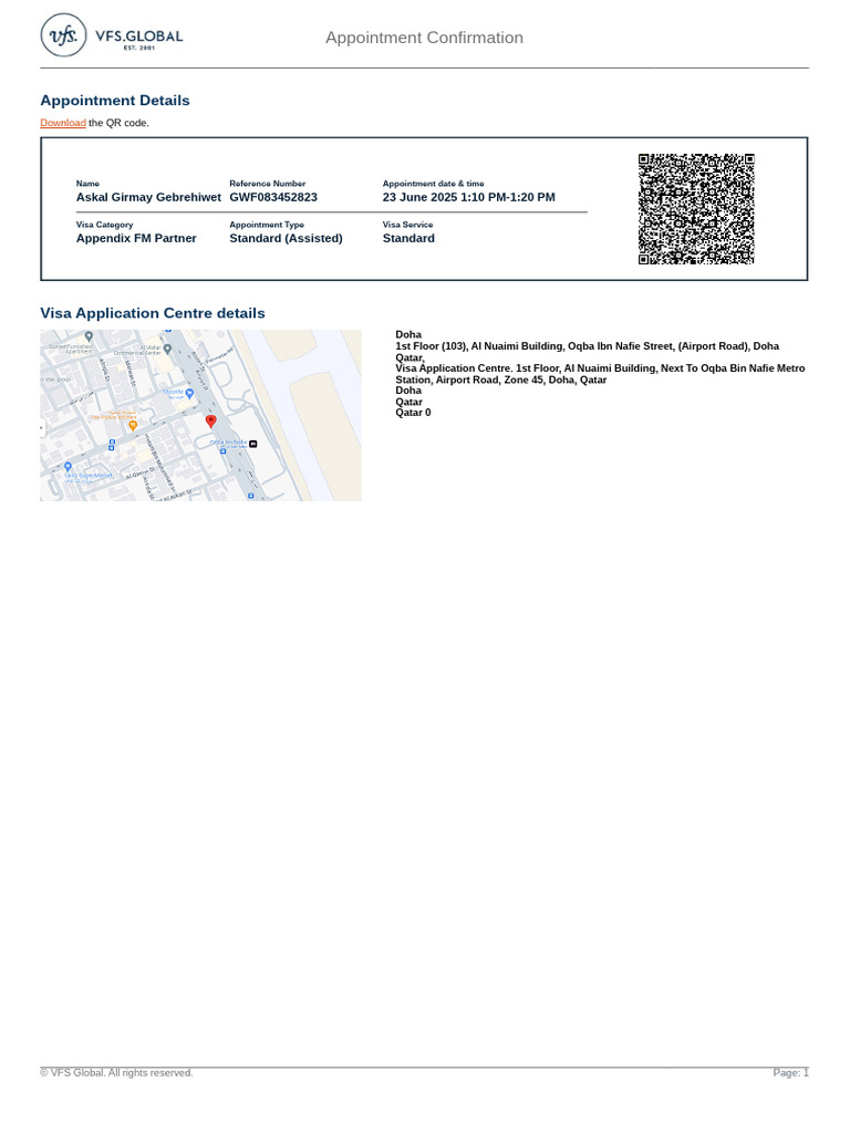VFS Appointment Confirmation - Doha | PDF | Doha | Qatar