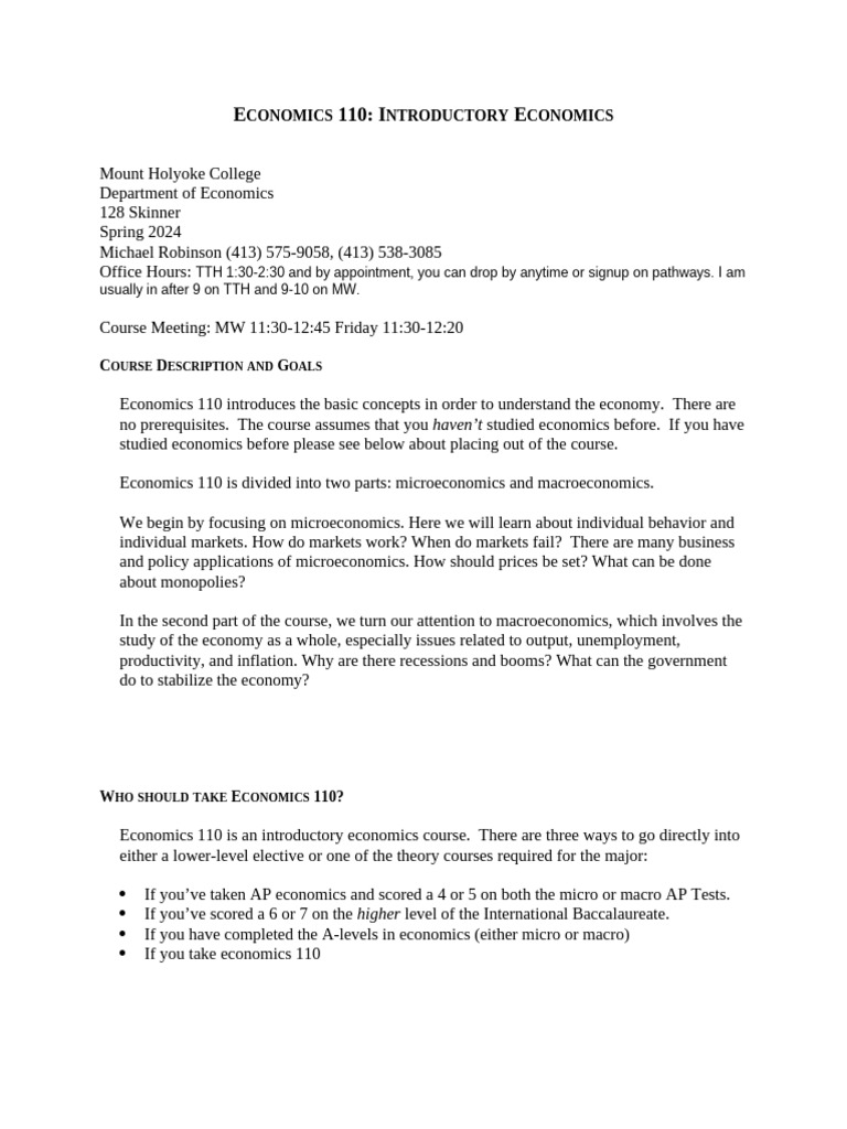 Economics 110 Syllabus Fall 2024 | PDF | Macroeconomics | Economics