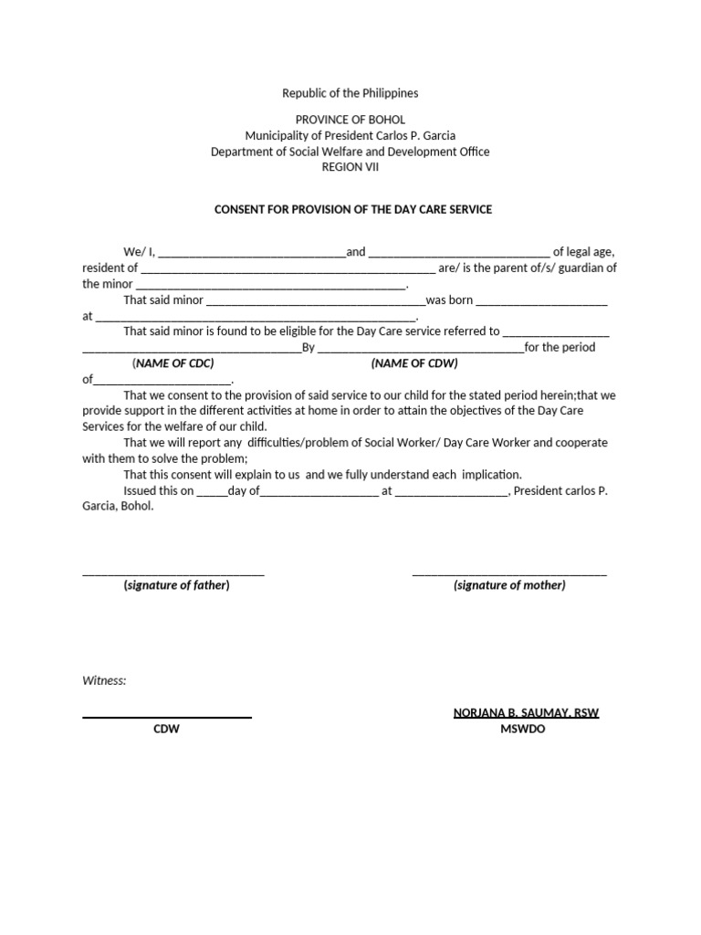 Day Care Service Consent Form | PDF