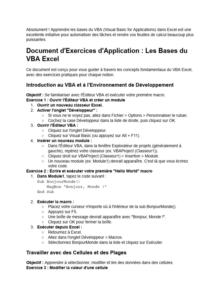Exercices Pratiques de VBA Excel | PDF | Visual Basic for Applications ...