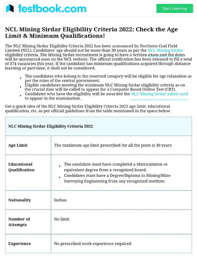 NCL Mining Sirdar Eligibility Criteria 2022 - Check The Age Limit ...