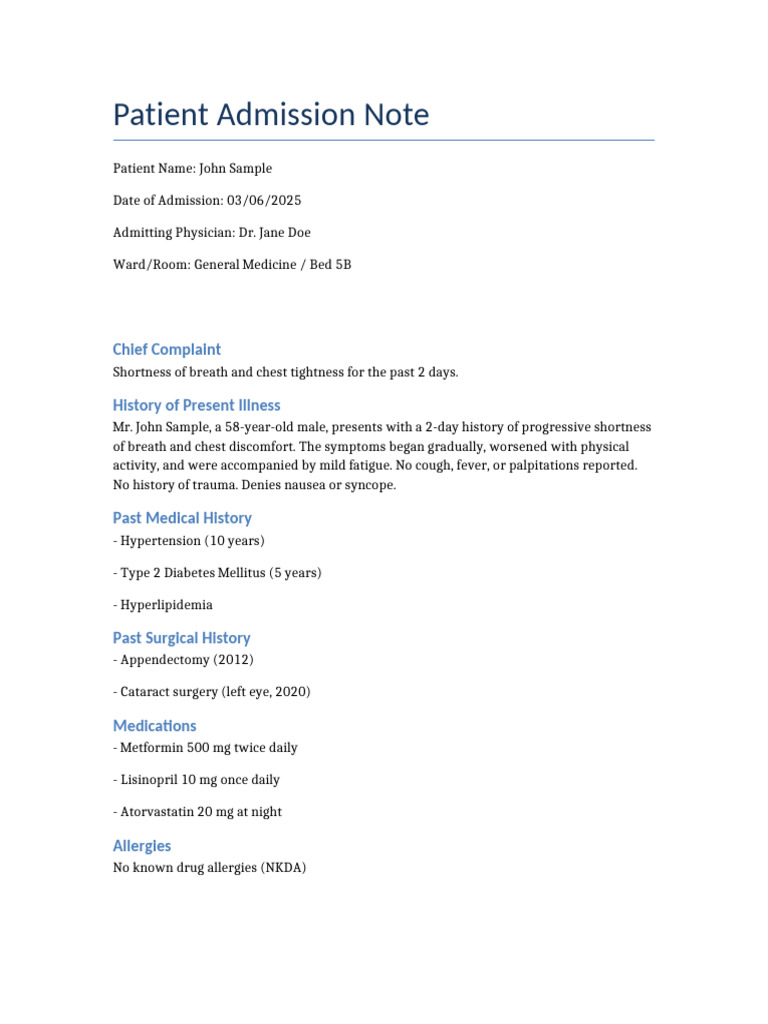 Patient Admission Note John Sample | PDF