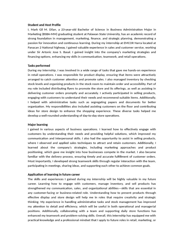 Internship Experience in Retail Marketing | PDF | Marketing | Sales