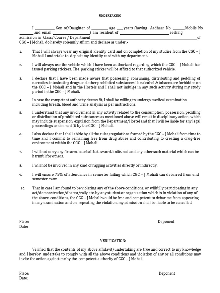 CGC J Mohali Student Undertaking Form | PDF