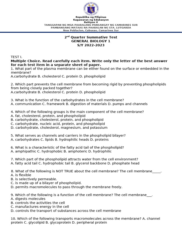 2nd Quarter General Biology Test 2022-2023 | PDF | Cell Membrane ...