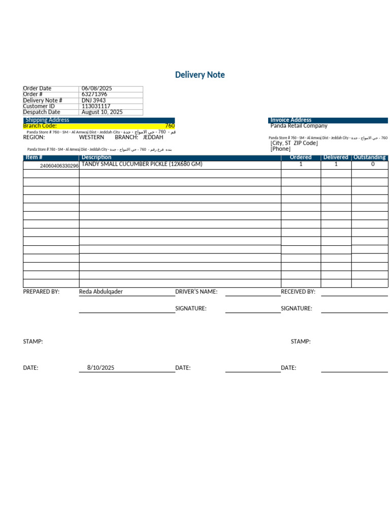Jeddah Delivery Note Summary | PDF | Pickled Cucumber | Saudi Arabia