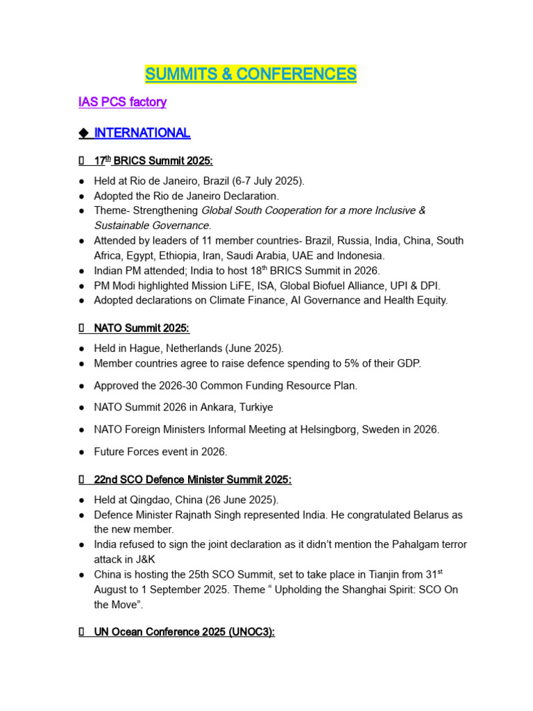 Key International Summits 2025 | PDF