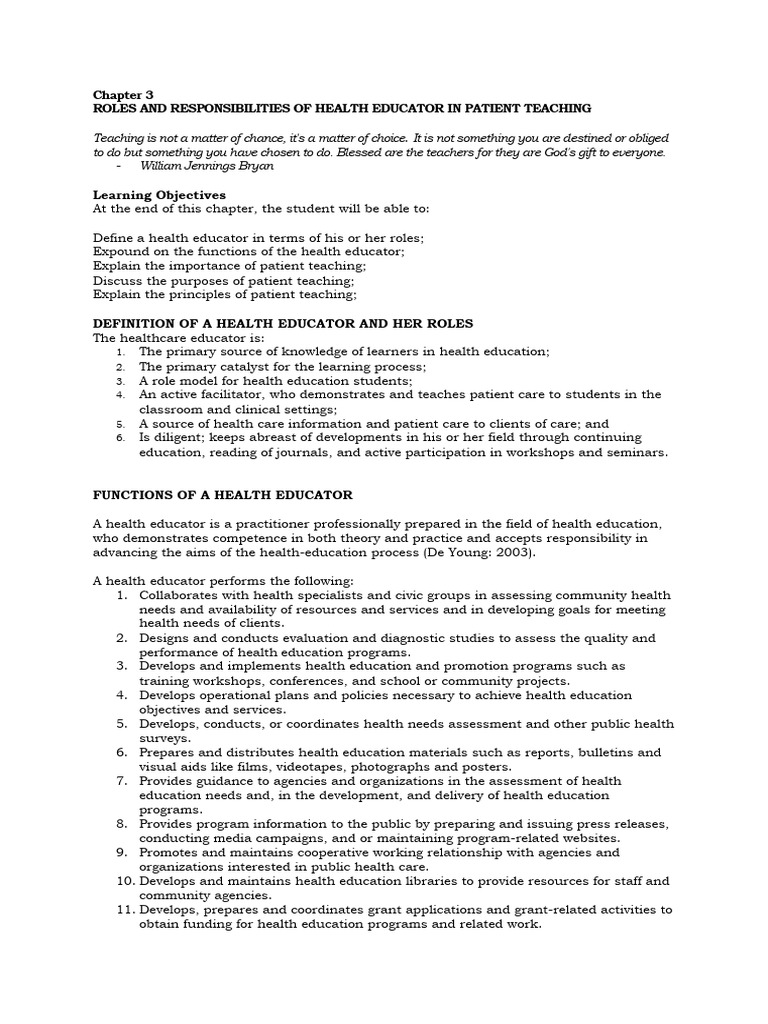 Health Educator Roles in Patient Teaching | PDF | Teachers | Health Care