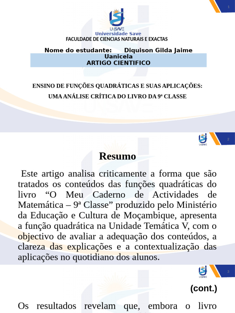 Ensino de Funções Quadráticas e Suas Aplicações: Uma Análise Crítica Do  Livro Da 9 Classe | PDF | Matemática | Função (Matemática)