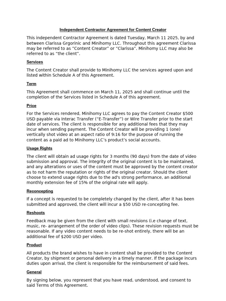 Curated visual reference: Self Employed Content Creator Agreement Reference: Minihomy Content Creator Agreement Pdf