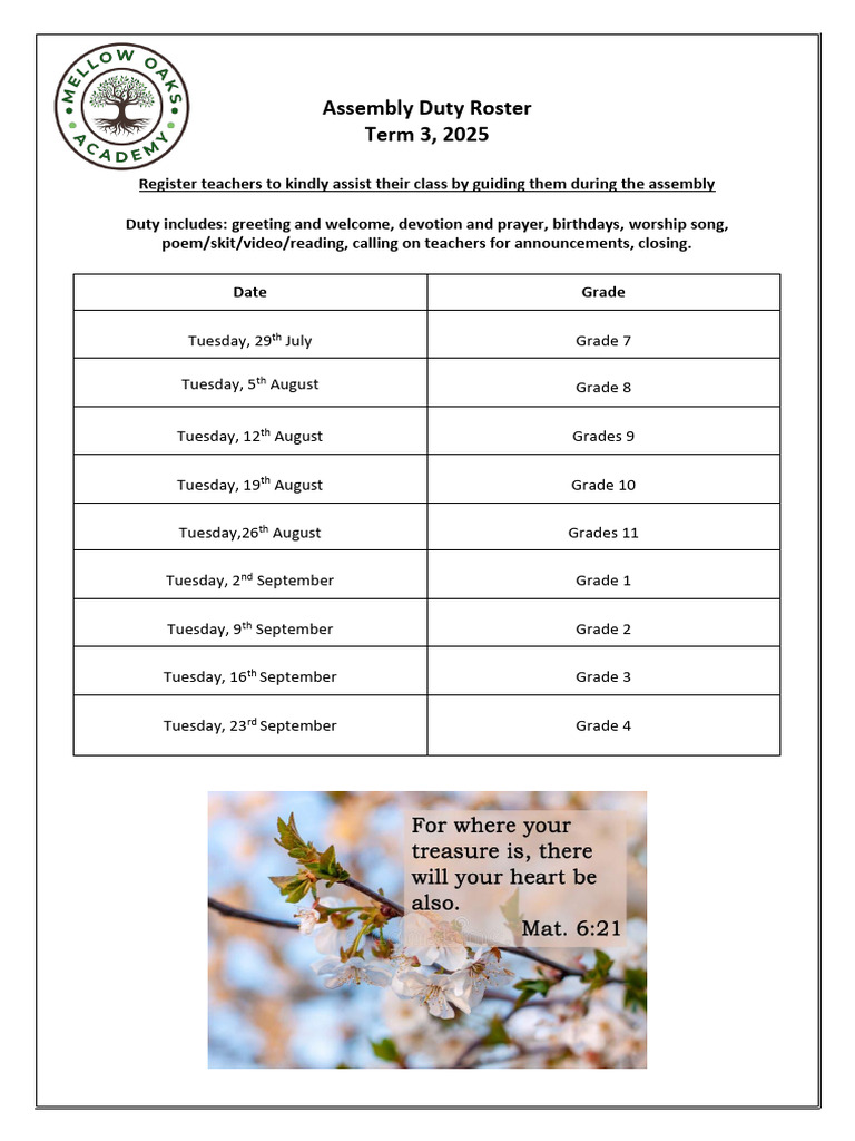 Term 3, 2025 Assembly Duty Schedule | PDF