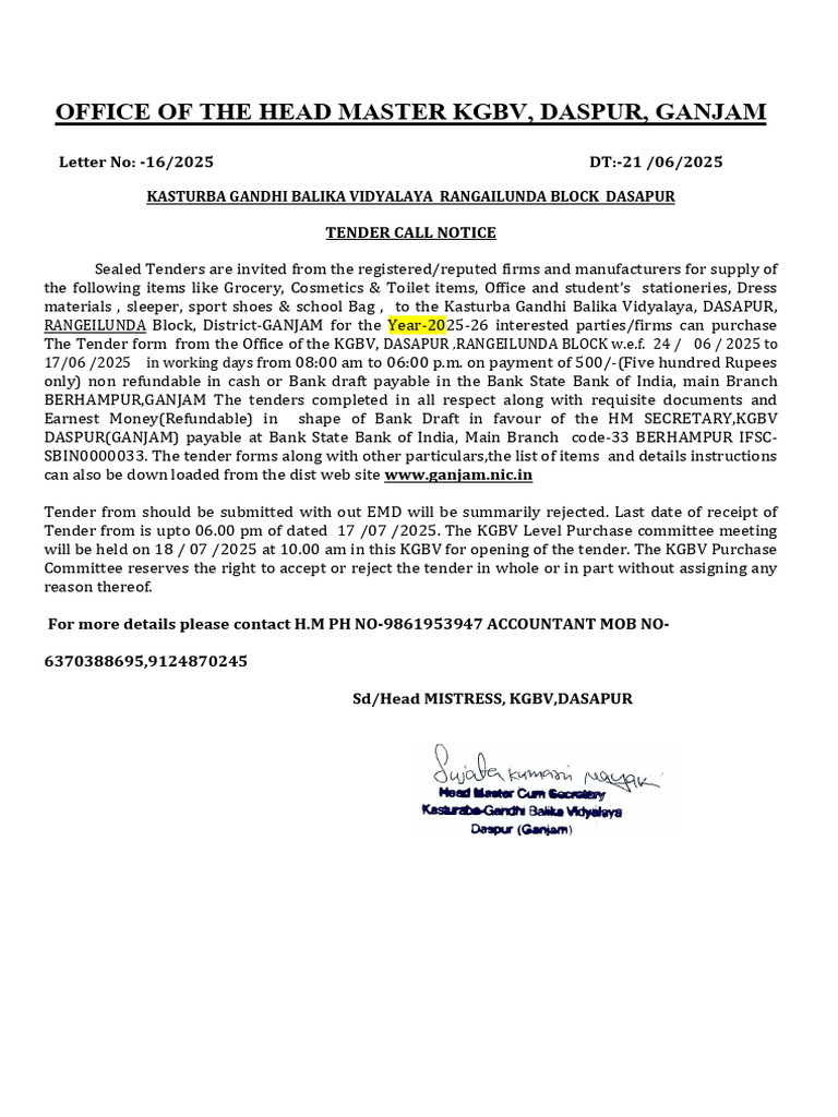Ganjam KGBV Tender Call Notice 2025-26 | PDF | Books | Money
