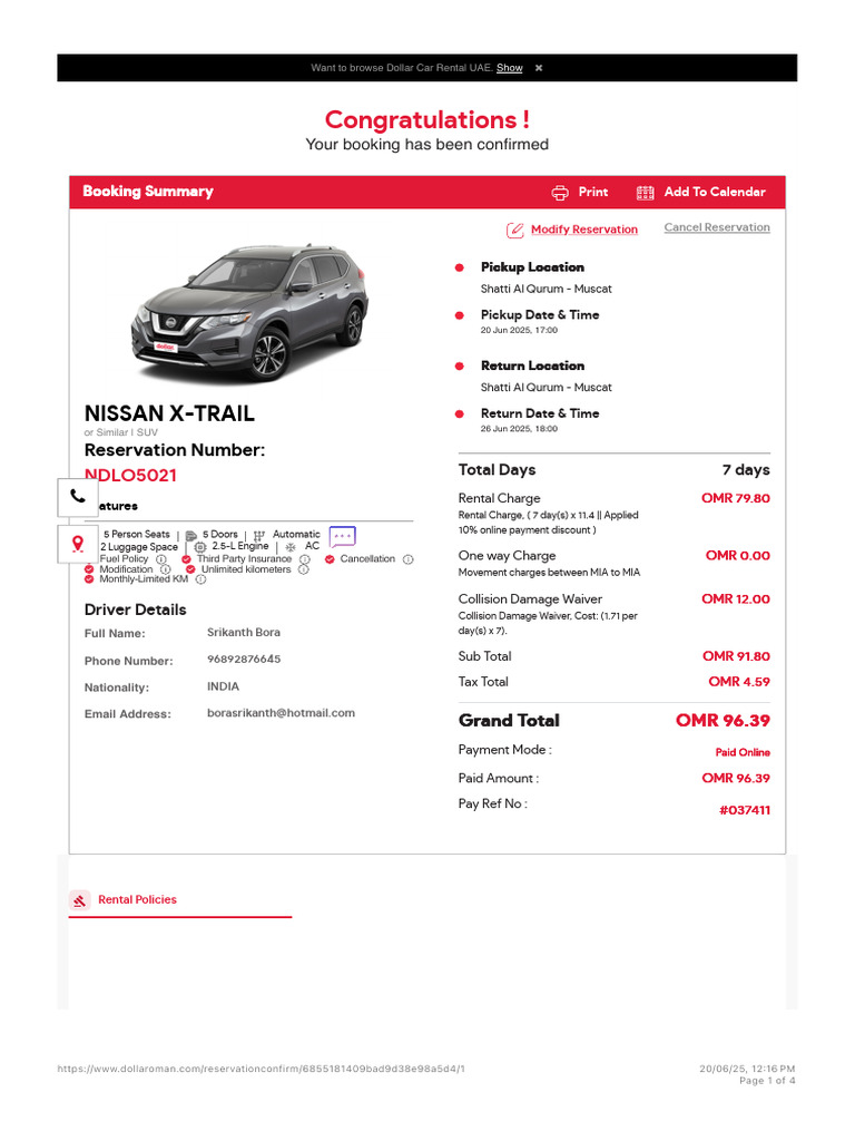 Dollar Car Rental Confirmation in Muscat | PDF | Vehicles