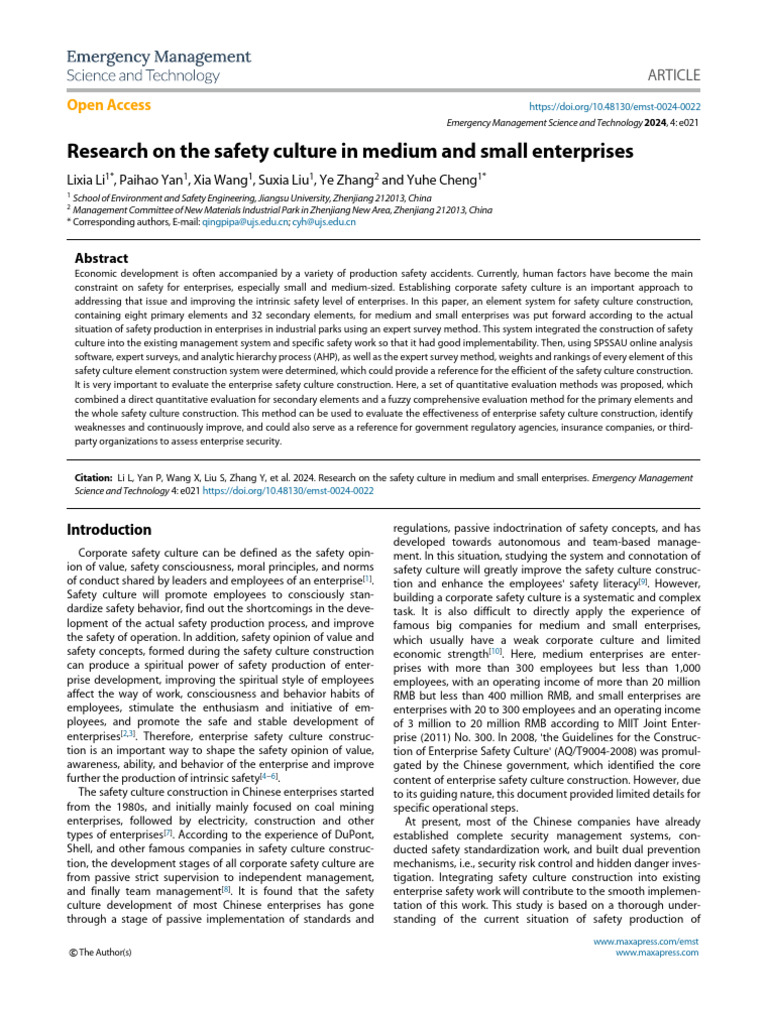 Safety Culture in SMEs: A Research Study | PDF | Safety | System
