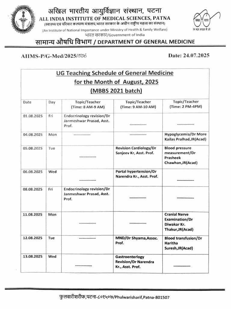 Teaching Schedule of MBBS 2021 For The Month of August 2025 | PDF