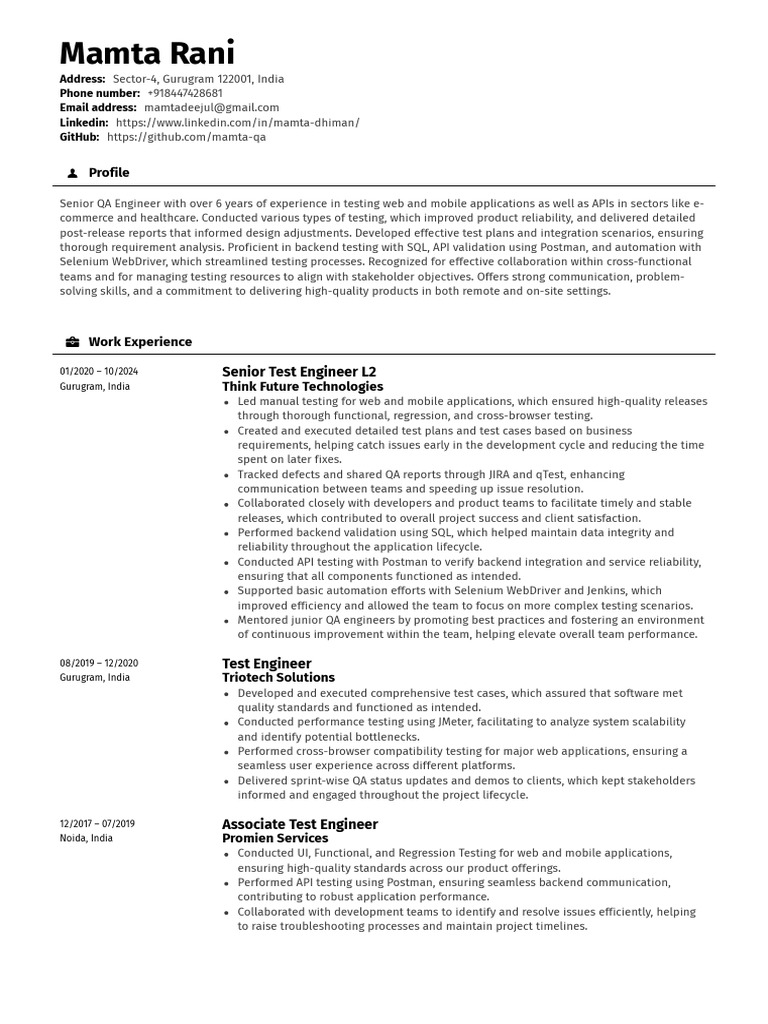 Senior QA Engineer Profile Summary | PDF | Selenium (Software ...