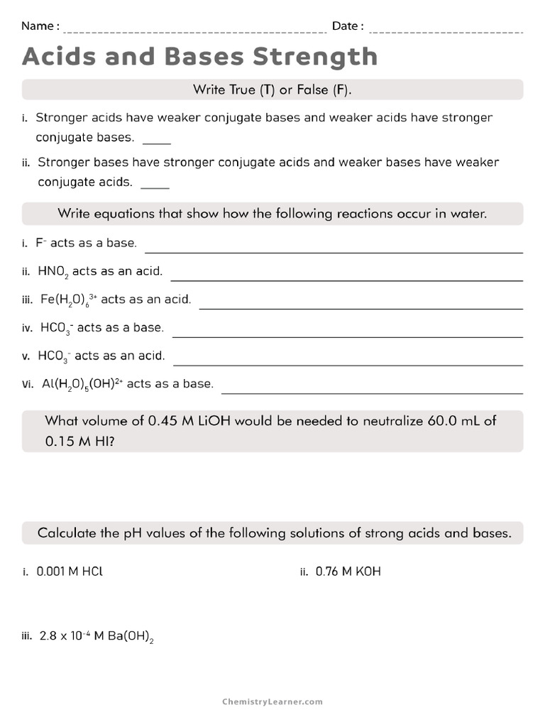 Acid and Base Strength Worksheet With Answers | PDF
