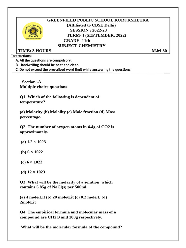 Grade 11 Chemistry Exam Paper 2022-23 | PDF | Atoms | Electron