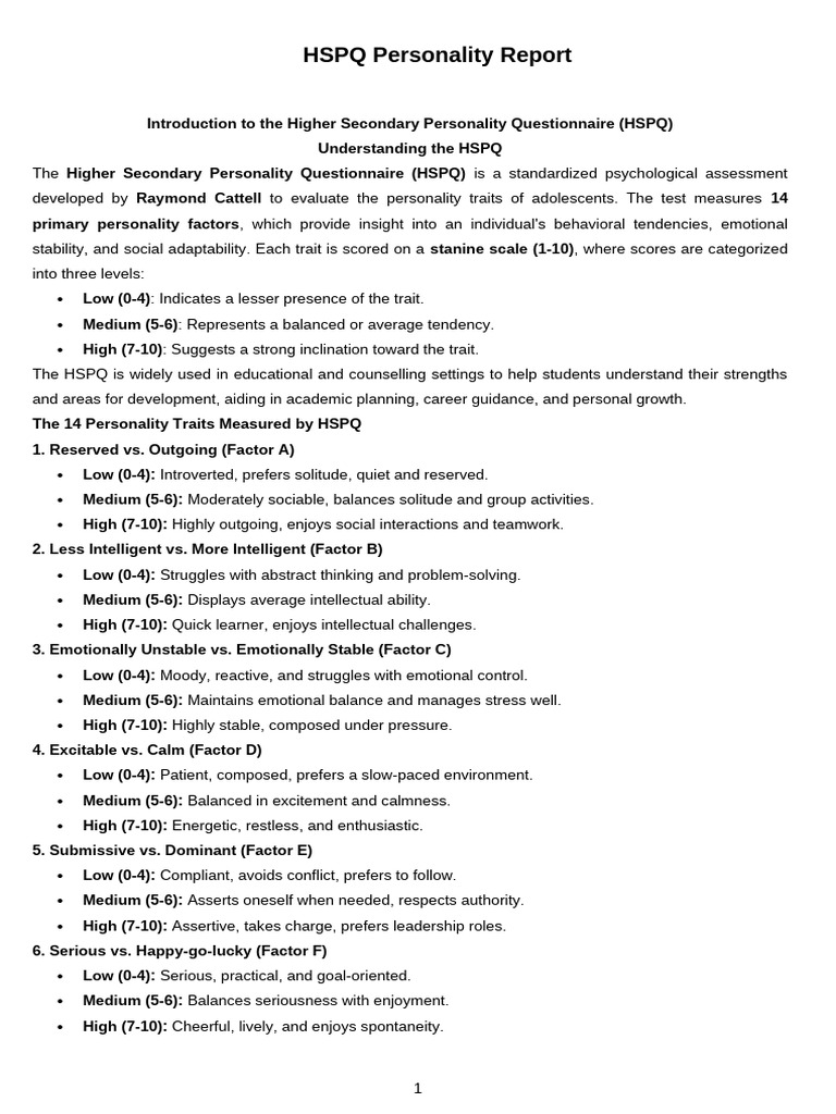 HSPQ Personality Assessment Overview | PDF | Human Development | Psychology