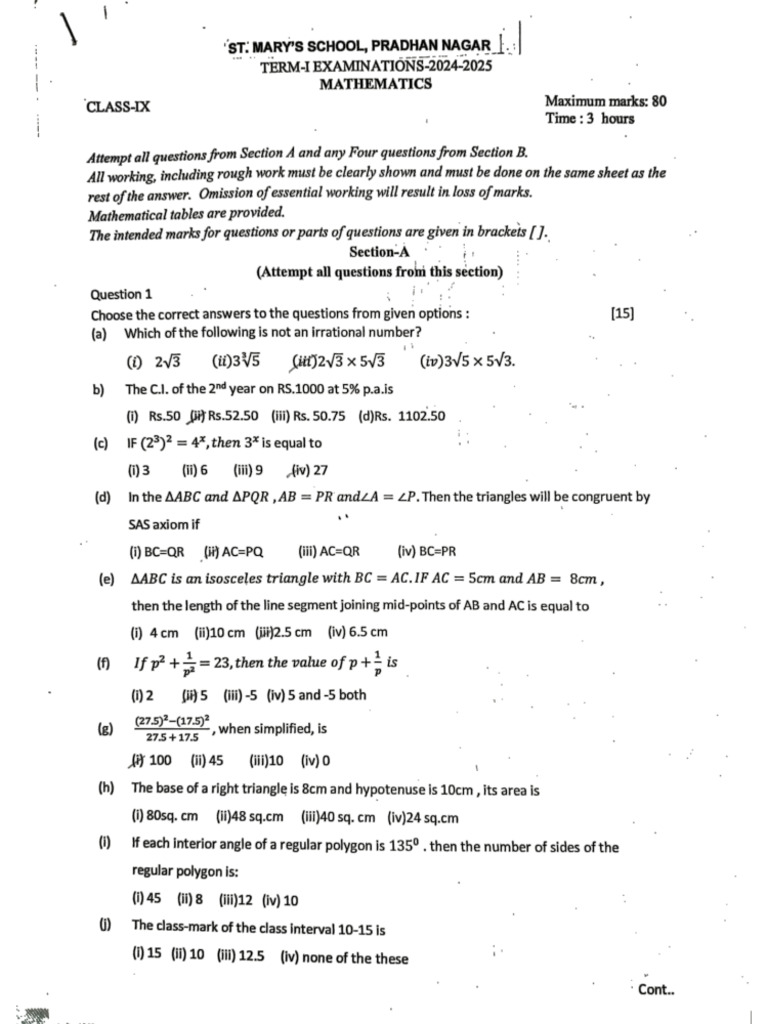 (IX) Mathematics Term 1 Examination | PDF