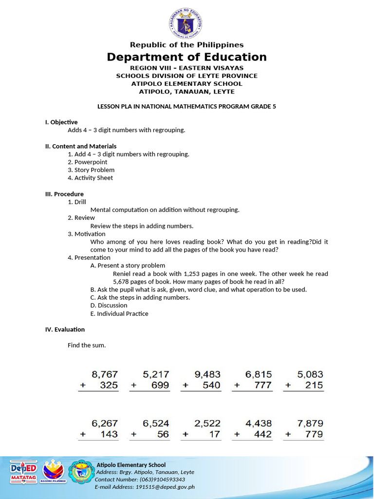 Grade 5 NMP Lesson Plan: Addition | PDF