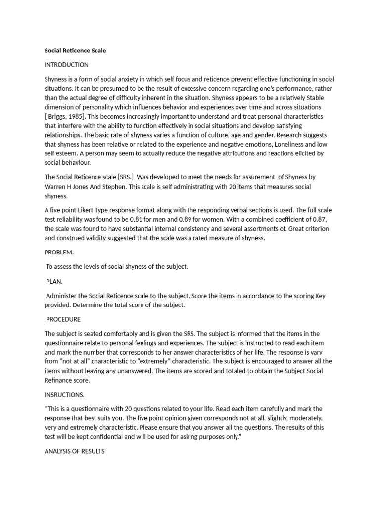 Social Reticence Scale Overview | PDF | Shyness | Behavioural Sciences