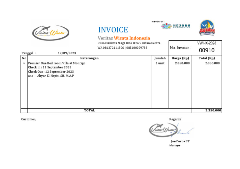 Invoice for Premier Villa Stay in Batam | PDF