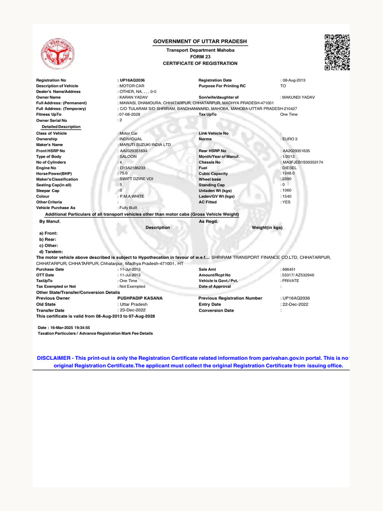 Form 23 Registration Certificate Details | PDF | Land Vehicles | Motor ...