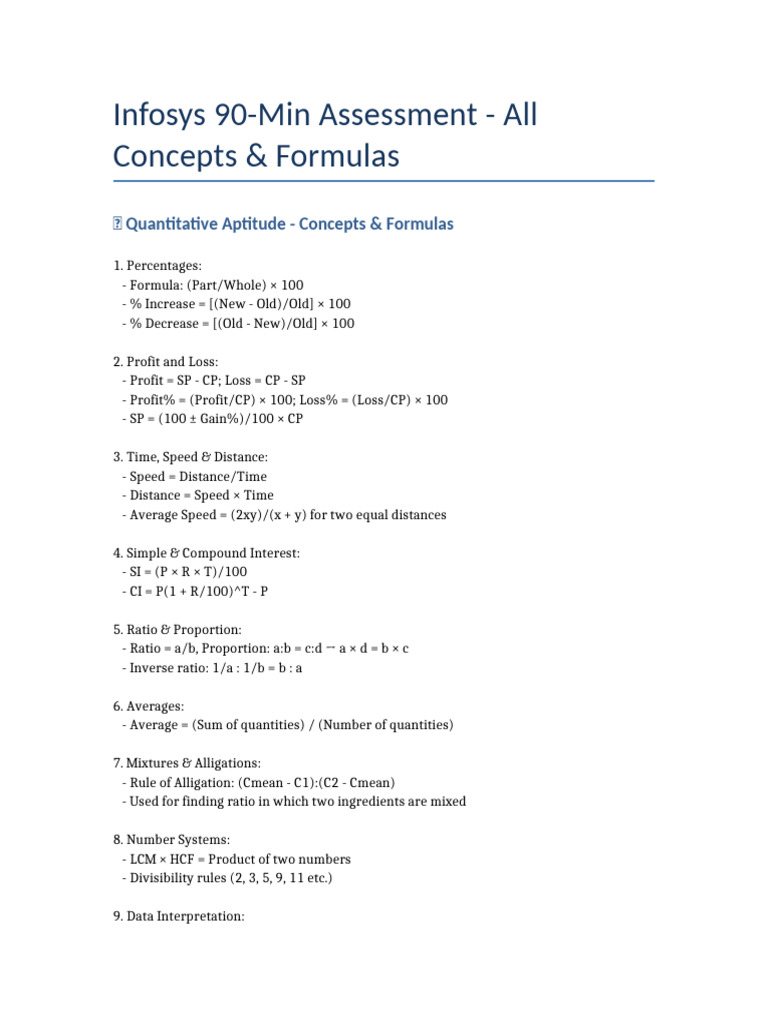 Infosys Assessment: Concepts & Formulas | PDF | Ratio | Linguistics