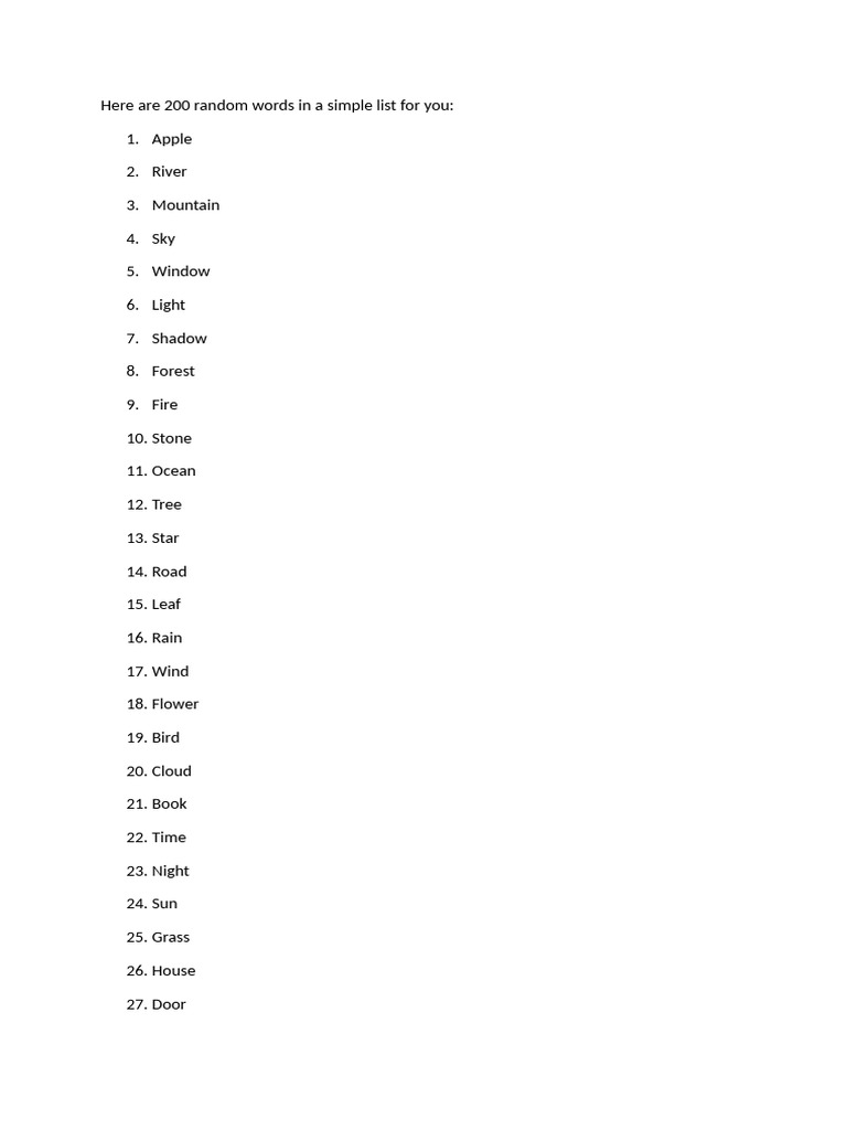 Here Are 200 Random Words in A Simple List For You | PDF | Sky | Wound