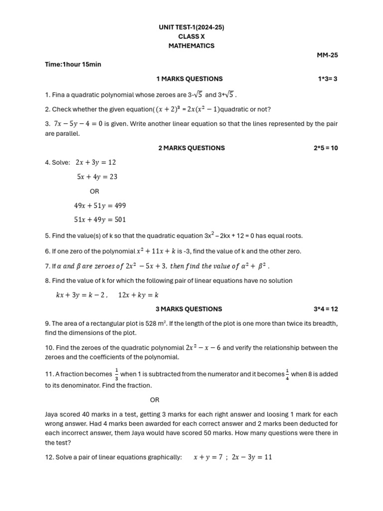 Class X Mathematics Unit Test 2024-25 | PDF