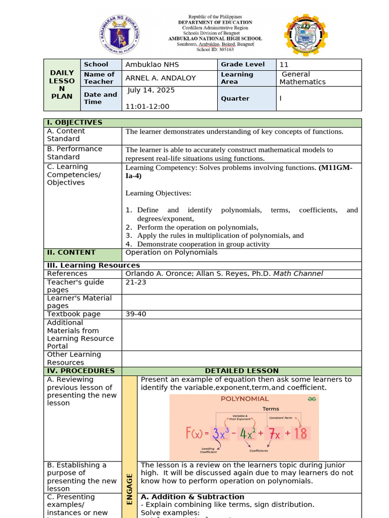 Grade 11 Daily Math Lesson Plan | PDF