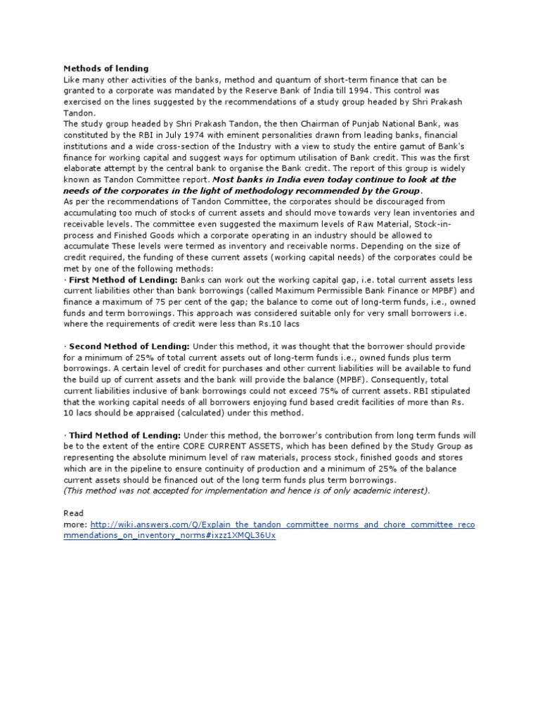 Tandon Committee Lending Methods | PDF | Credit (Finance) | Reserve ...
