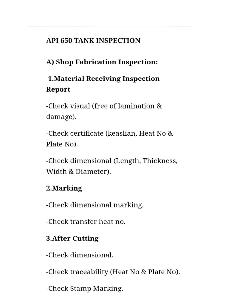 API 650 Inspection Requirements Overview | PDF | Welding | Construction