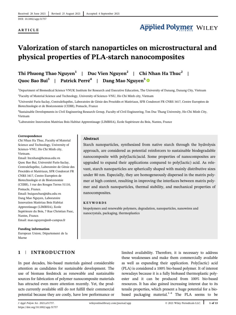 Starch Nanoparticles in PLA Nanocomposites | PDF | Nanocomposite ...
