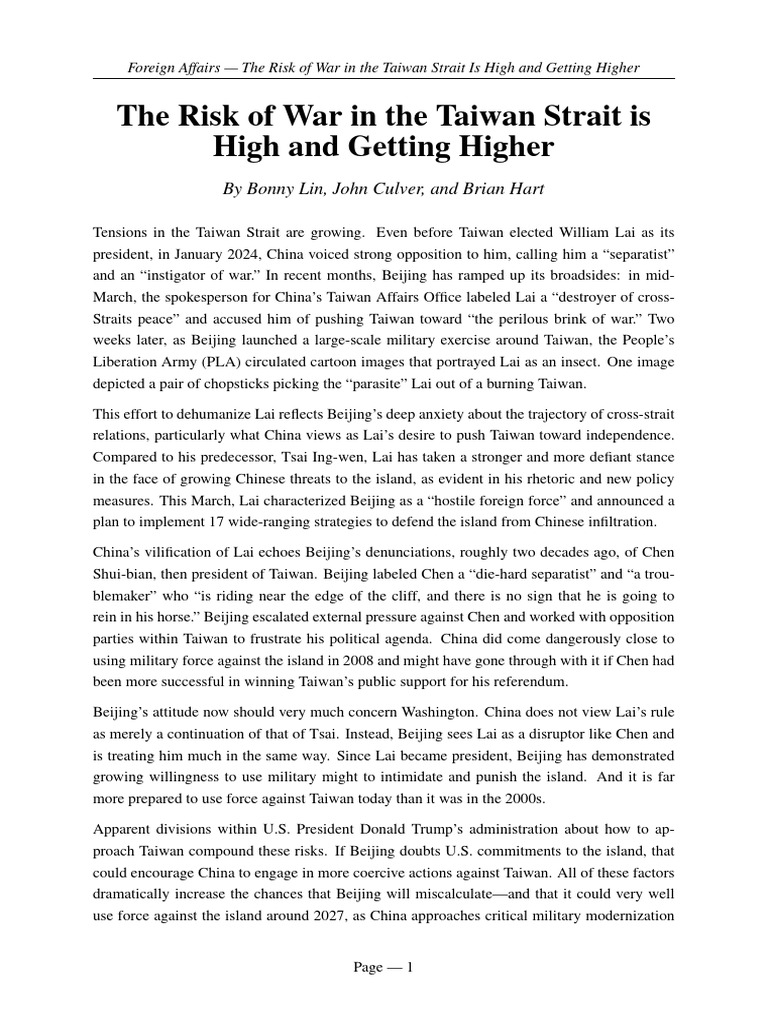 The Risk of War in The Taiwan Strait Is High and Getting Higher | PDF ...