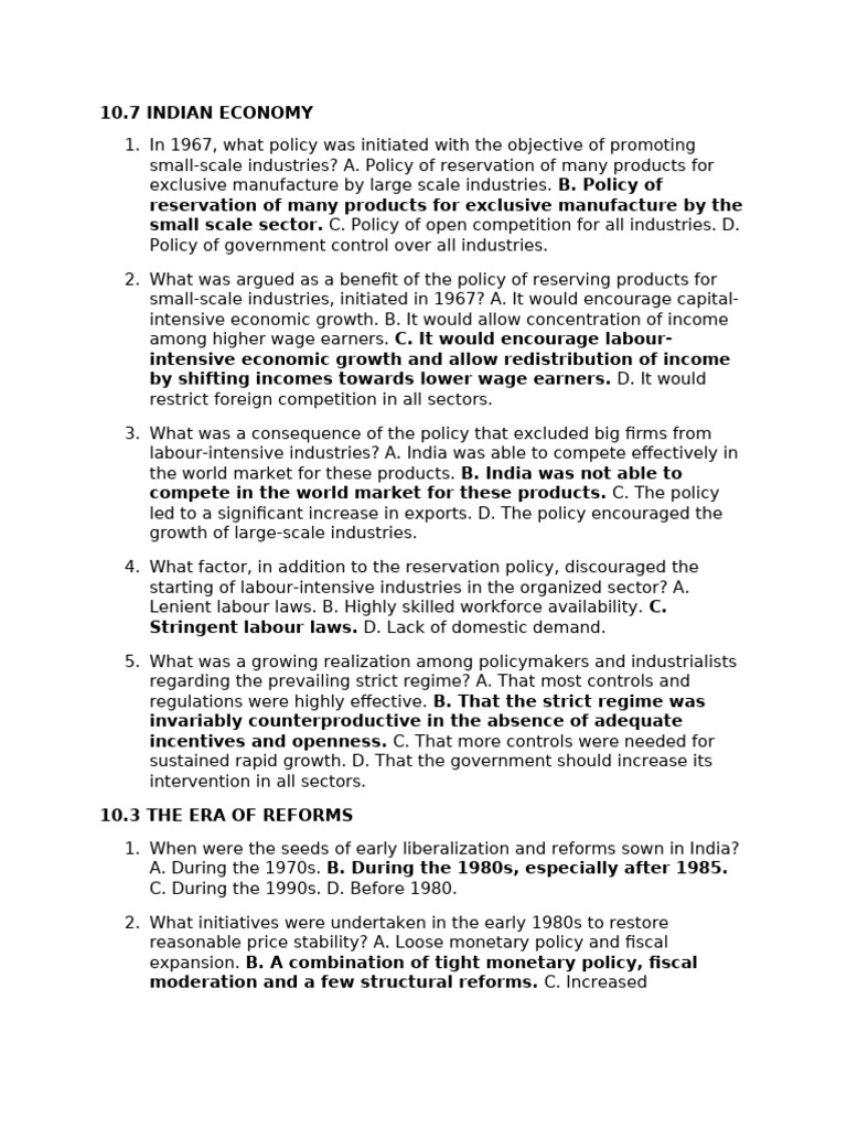 Indian Economy - MCQs and Reforms | PDF | Fiscal Policy | Government ...