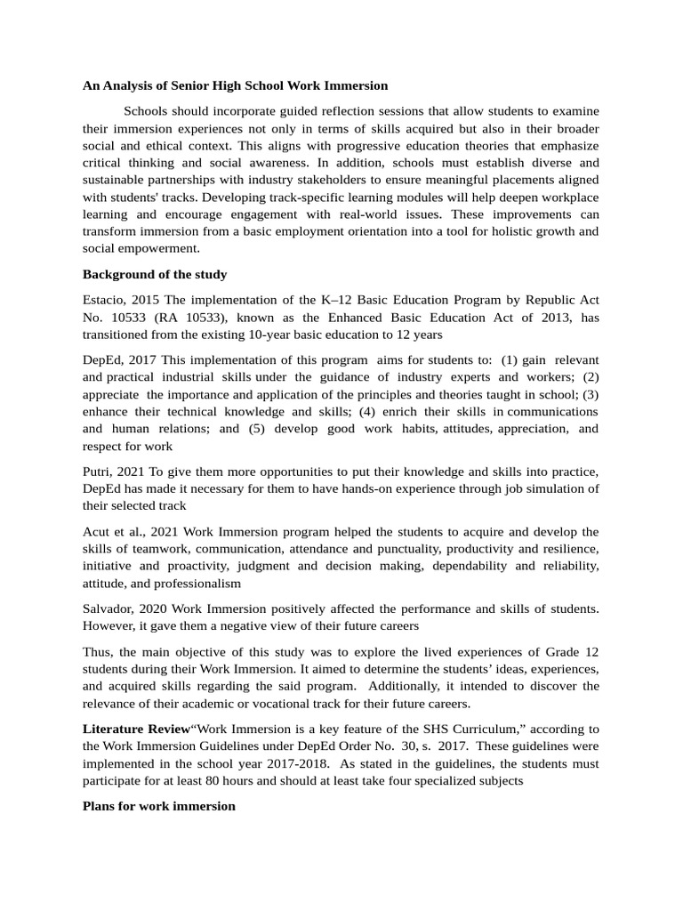 Enhancing Senior High School Work Immersion | PDF | Experience ...